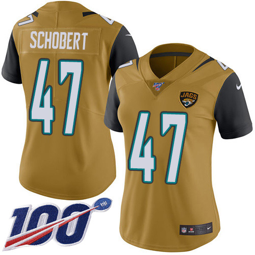 Nike Jacksonville Jaguars #47 Joe Schobert Gold Women Stitched NFL Limited Rush 100th Season Jersey->women nfl jersey->Women Jersey